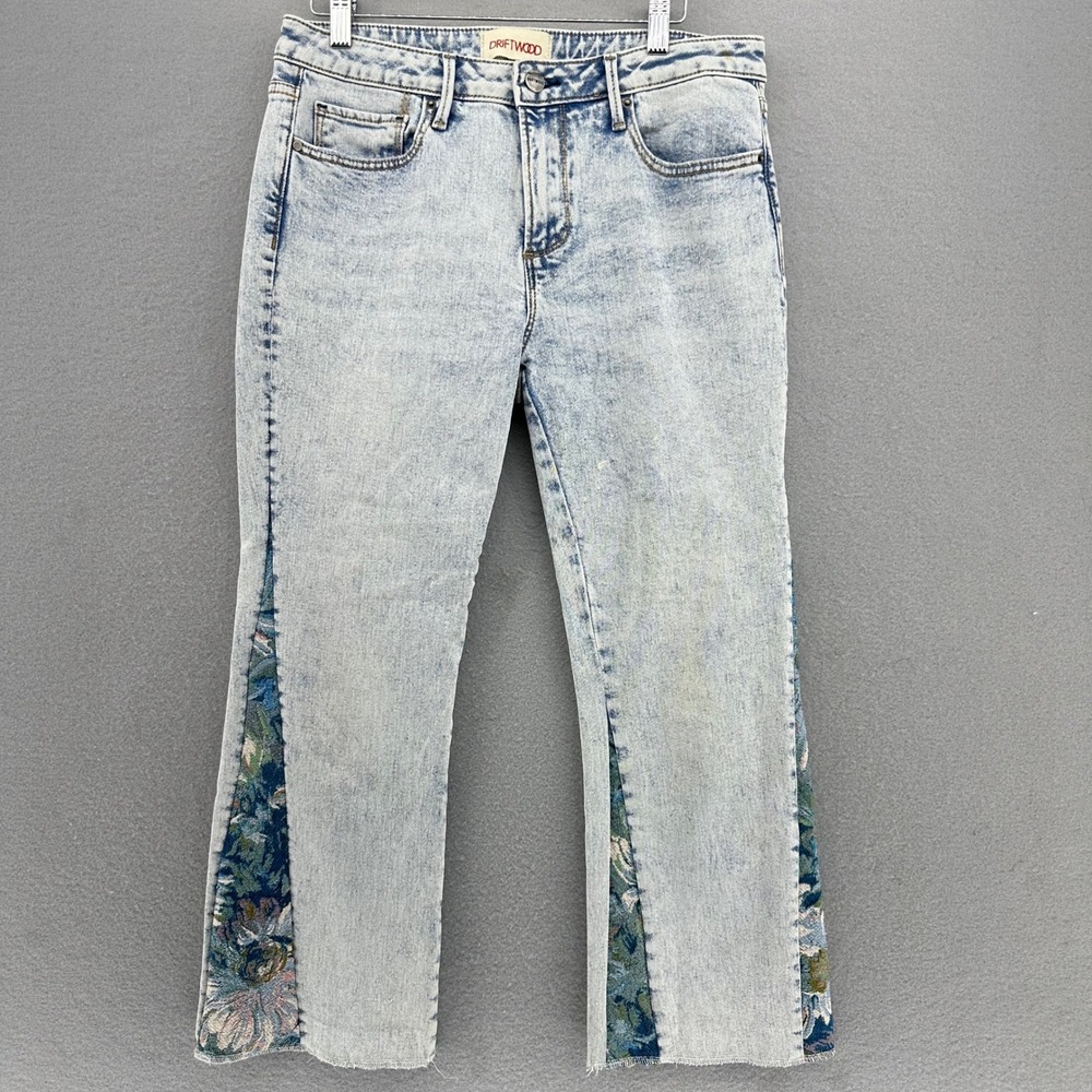 Driftwood Acid Wash Floral‎ Tapestry Raw Hem Cropped Denim Jeans 29 Boho Indie